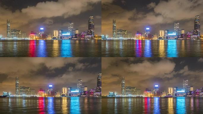 4k延时: 香港城市香港夜间天际线，快速云。