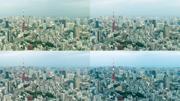 日本东京铁塔和东京天际线城市景观的鸟瞰图