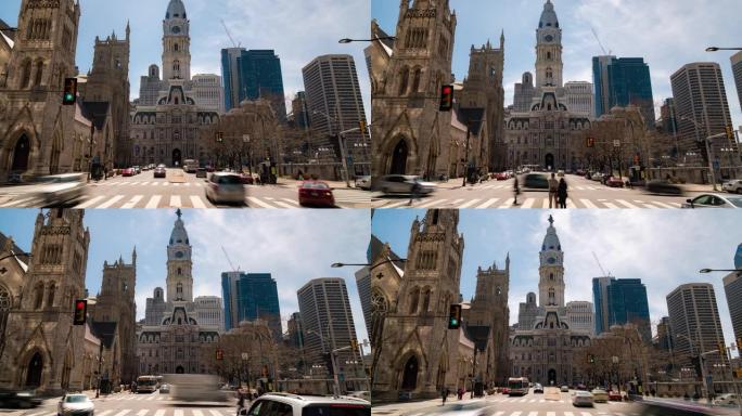 延时: 费城市政厅沿本杰明·富兰克林·Pkwy与美国宾夕法尼亚州市中心的城市中心天际线摩天大楼