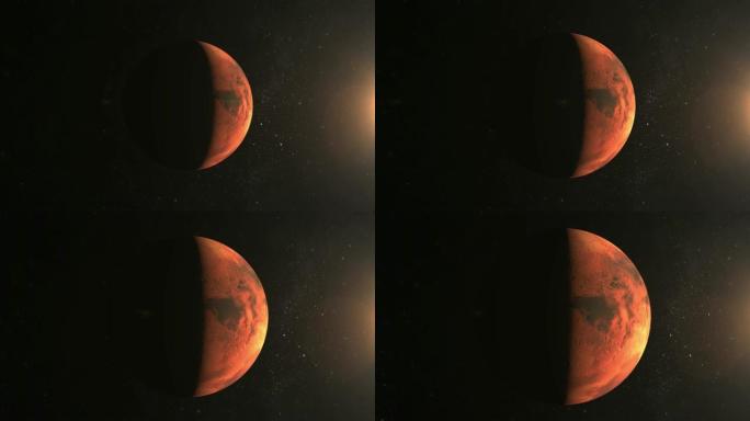 火星行星。摄像机正在接近火星。从太空看。星星闪烁。4K.太阳在右边。这颗行星被太阳照射到一半。