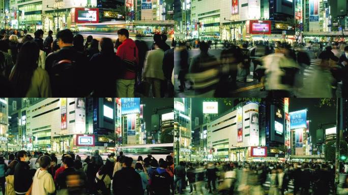晚上，一群人走过东京的十字路口，延时4k倾斜