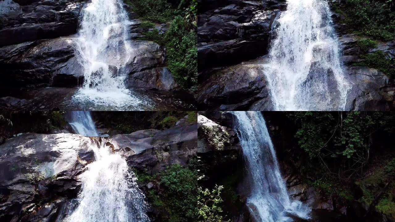 绿色森林中的瀑布和小溪空中拍摄