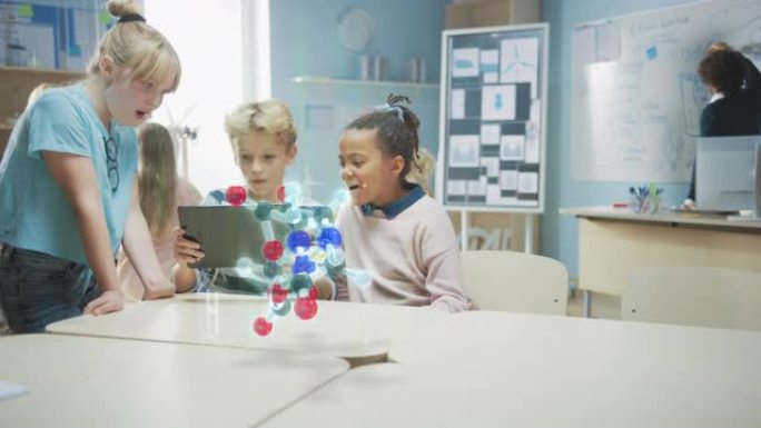 化学科学课上的三个不同的学童使用带有增强现实应用程序的数字平板电脑，看着分子的教育3D动画。视觉特效