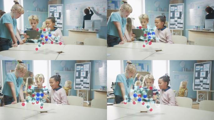 化学科学课上的三个不同的学童使用带有增强现实应用程序的数字平板电脑，看着分子的教育3D动画。视觉特效