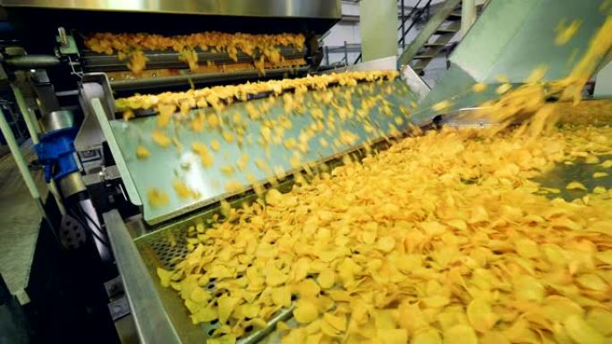 在一家工厂烹饪的黄色薯条，在食品生产输送机上移动。