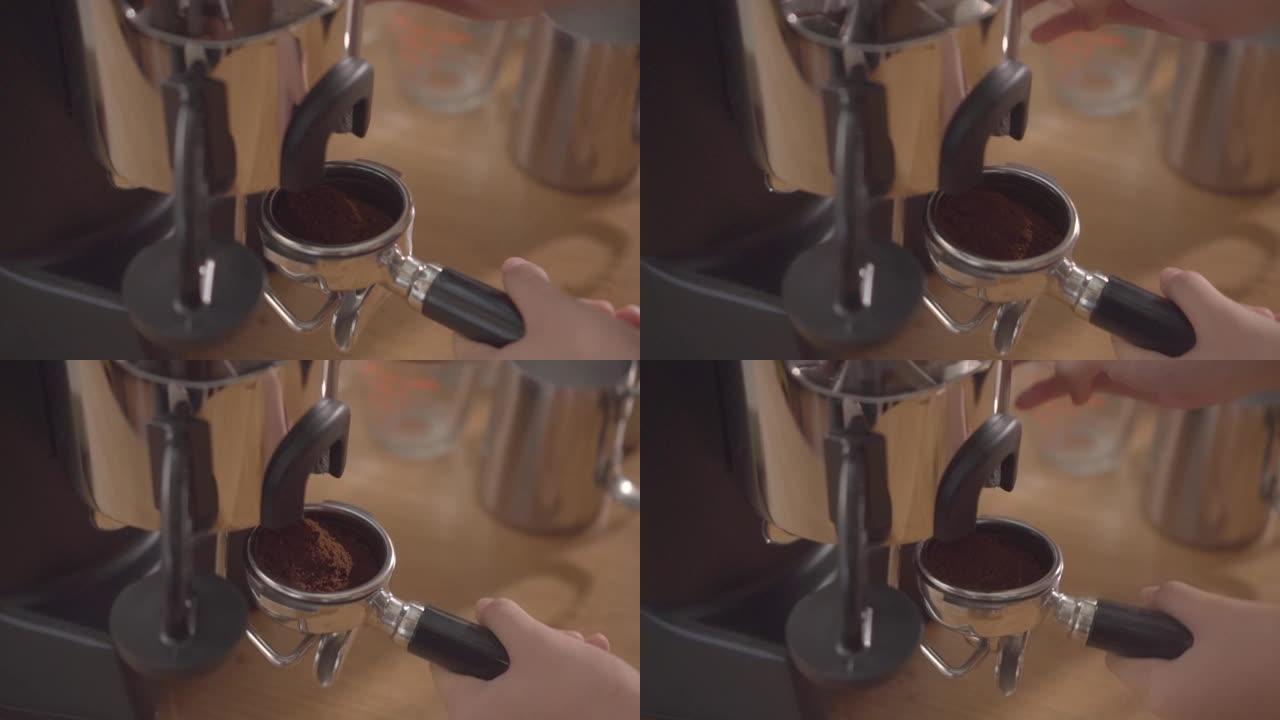 咖啡师研磨咖啡豆使用咖啡机。