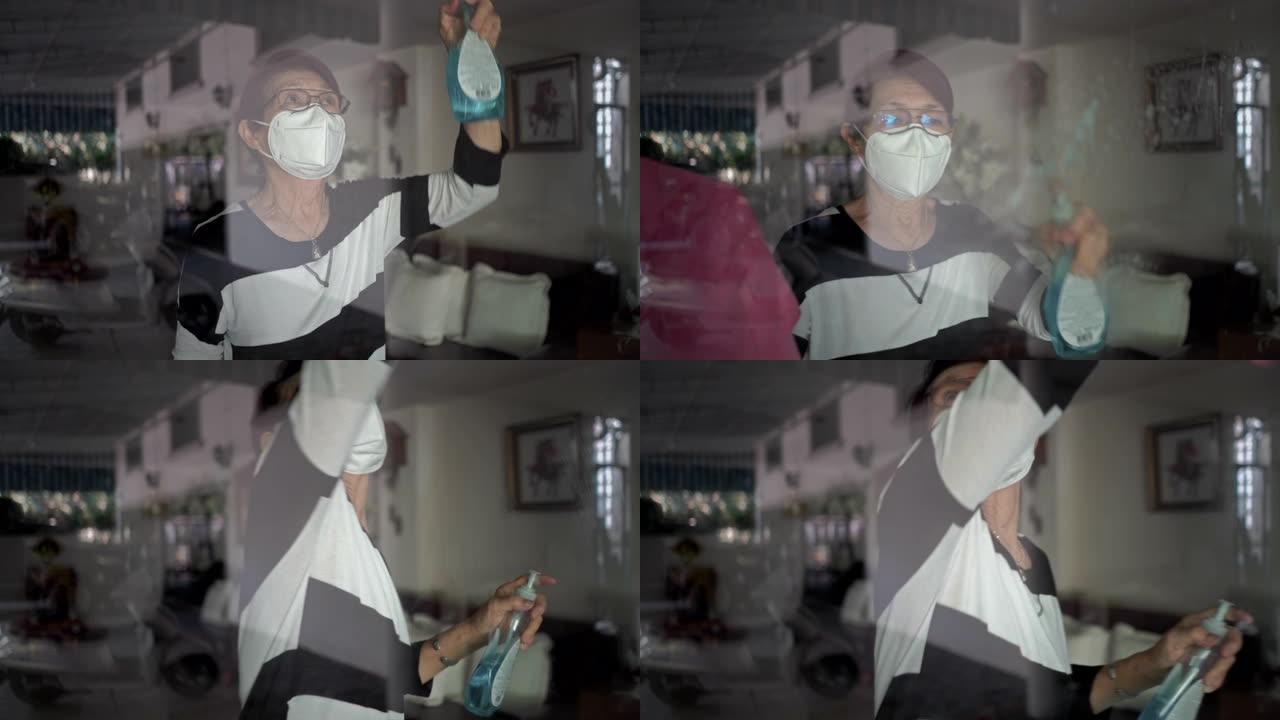 亚洲高级女性消毒清洁窗户