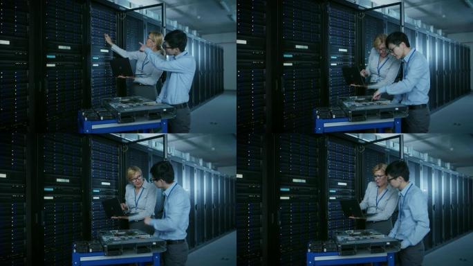 在现代数据中心: 工程师和IT专家在推车设备上使用服务器机架来安装新硬件。负责数据库维护和诊断的专家
