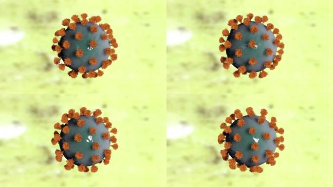 新型冠状病毒肺炎冠状病毒细胞。带有刷子的绿色病毒细胞在逼真的浅黄色背景上旋转。飞行粒子。4K. 3D