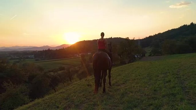 镜头耀斑: 骑马女孩看着田园诗般的夜晚乡村。