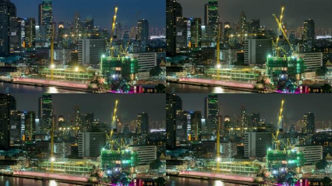在建的时间流逝，起重机在泰国的白天到晚上建造了曼谷城市景观河一侧的建筑物，4k剪辑