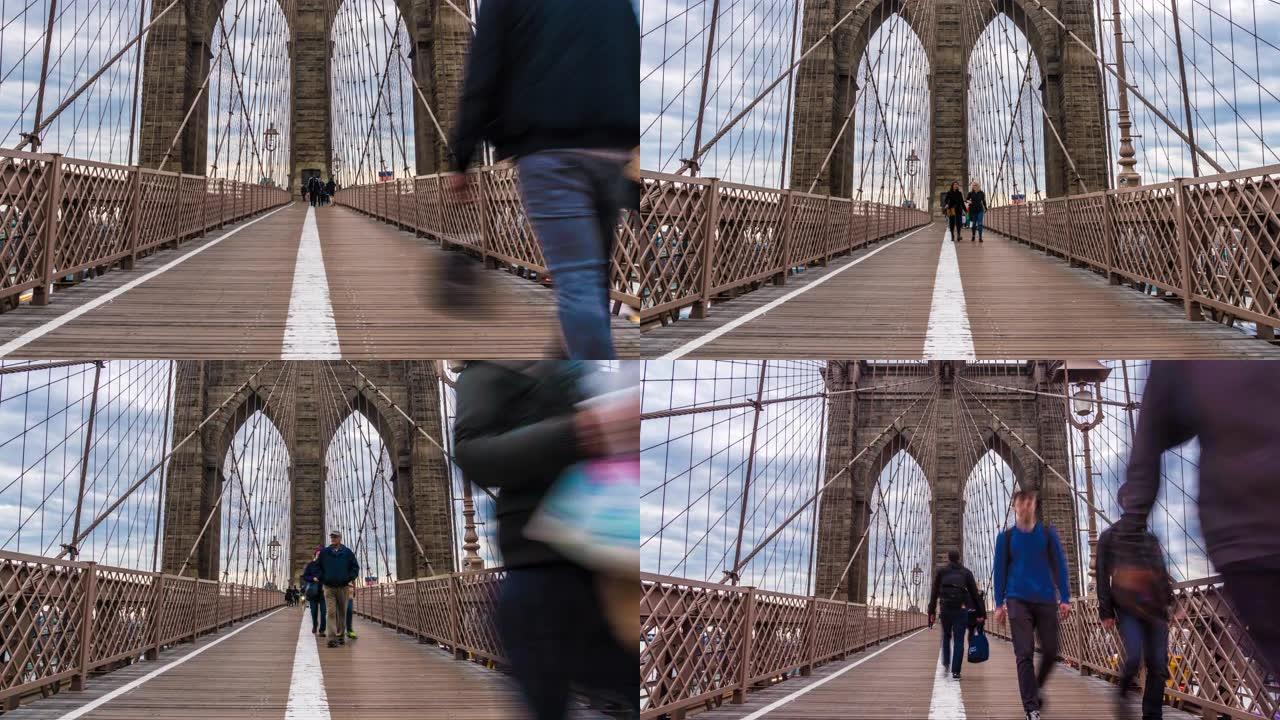 4k时间流逝人群匿名游客步行布鲁克林大桥，曼哈顿，纽约市，美国，旅游和地标与商业概念