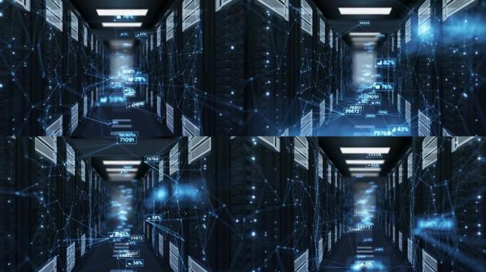美丽的蓝色抽象数字在带dop模糊的抽象服务器机房中移动。数据中心的循环3d动画。商业和未来技术概念。