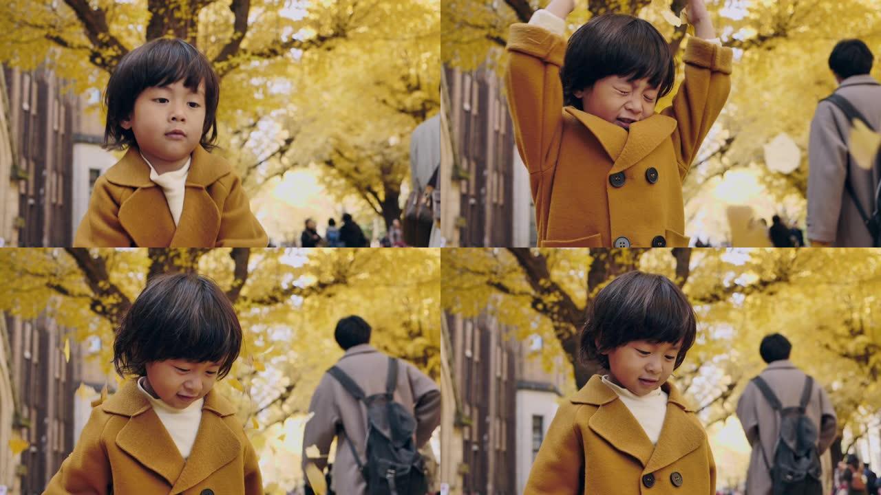快乐男孩在公园玩秋叶