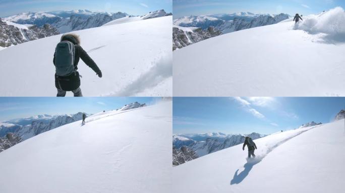 滑雪板女孩骑着越野新鲜粉末雪在风景秀丽的山高。