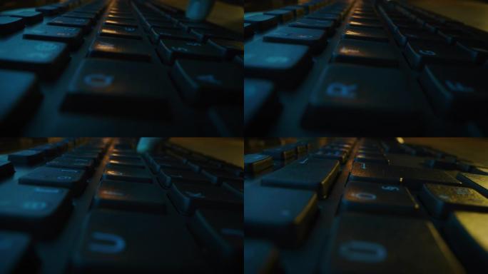 特写移动微距镜头: 在电脑键盘上打字的人。工作，写电子邮件，使用互联网。深绿色