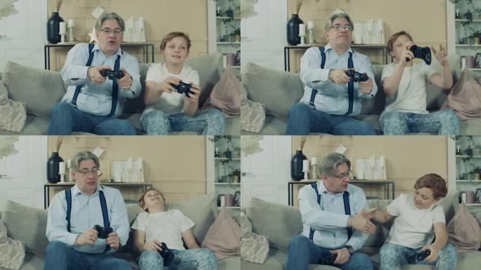 爷爷和他的孙子正在家里玩电子游戏