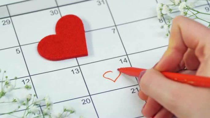4k情人节，2019年2月14日。用笔标记日历，日期前后红心。