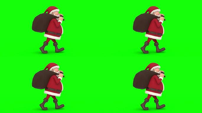 走在绿色背景上的圣诞老人。无缝循环3d动画。侧视图