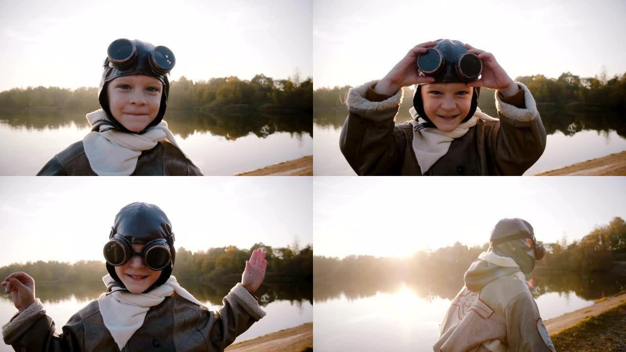 快乐的小飞行员男孩戴着复古飞行员眼镜，在日落湖边奔跑，假装是一架飞机慢动作。