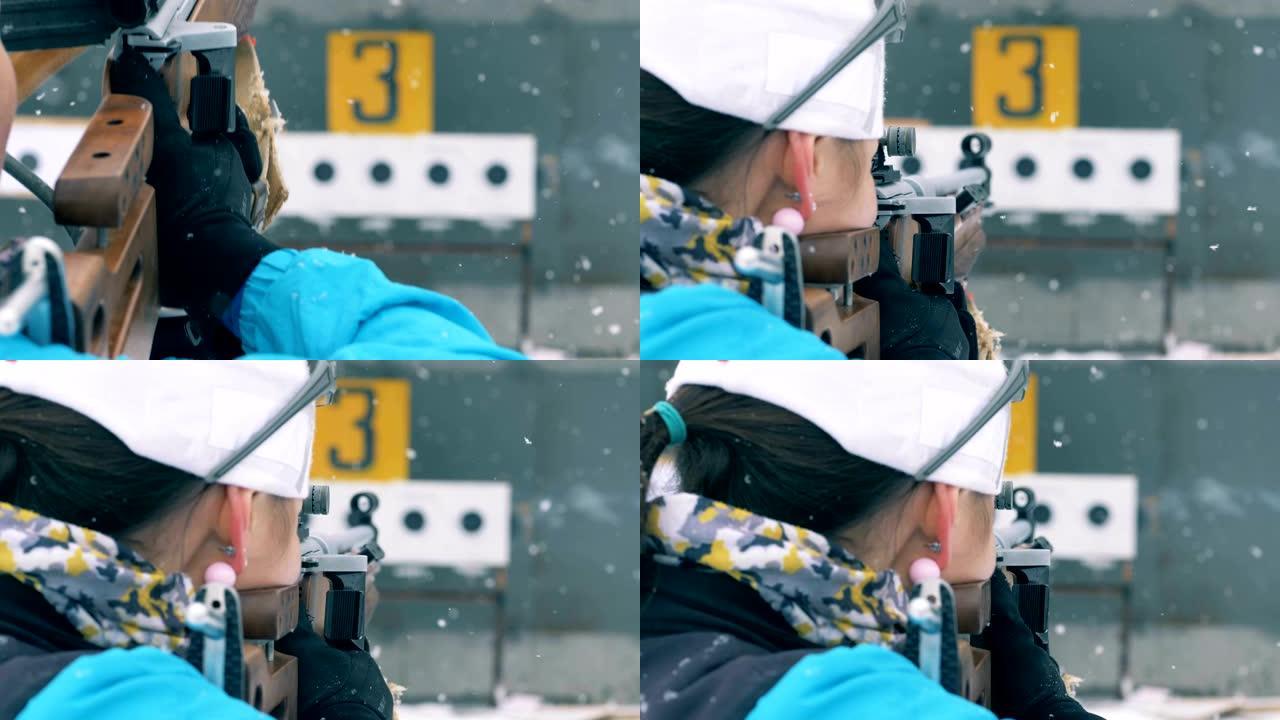 冬季两项运动员射击，后视图。
