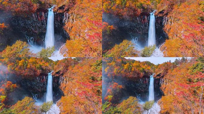 4K.日本Tochigi日光秋叶的Kegon瀑布的时间流逝