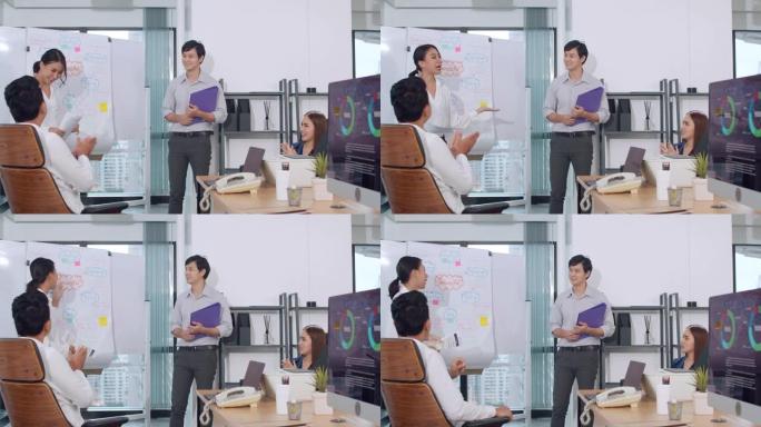 亚洲商务人士会集思广益进行商务演示项目同事一起工作计划成功战略在小型现代办公室享受团队合作。