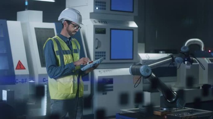 穿着安全背心和安全帽的专业工程师的肖像，使用工业数字平板电脑进行编程，操纵机器人手臂，看着相机并微笑