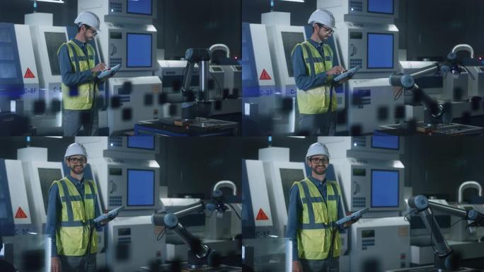 穿着安全背心和安全帽的专业工程师的肖像，使用工业数字平板电脑进行编程，操纵机器人手臂，看着相机并微笑
