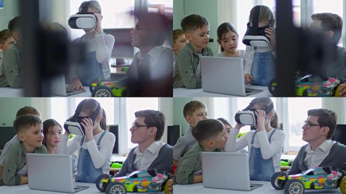 女孩在学校戴着VR耳机