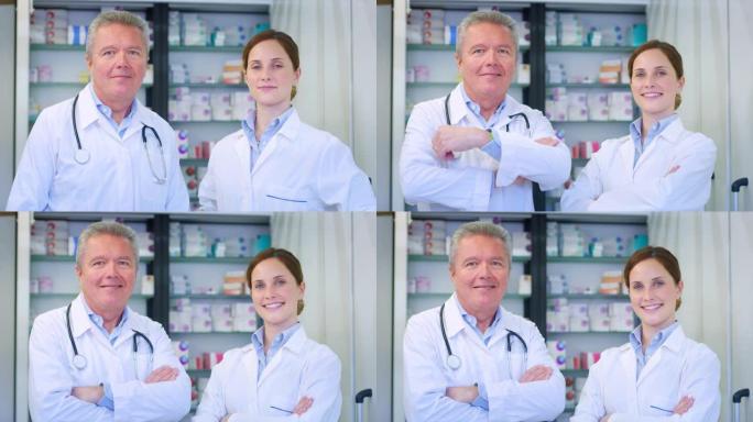 两个药剂师顾问在镜头前微笑的慢镜头