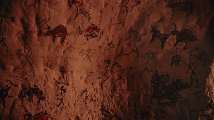 原始的尼安德特人的动物和摘要的史前图画。篝火在晚上照亮墙壁。用岩画、岩画创造第一个洞穴艺术。倾斜浮动