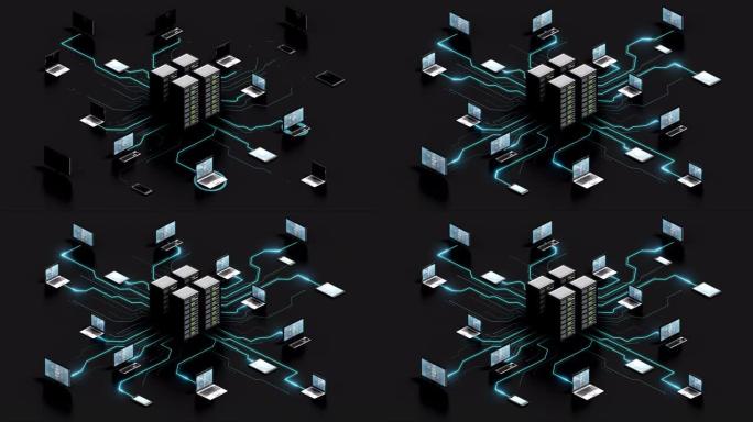 物联网计算机连接主服务器系统。4k动画。灰色的背。