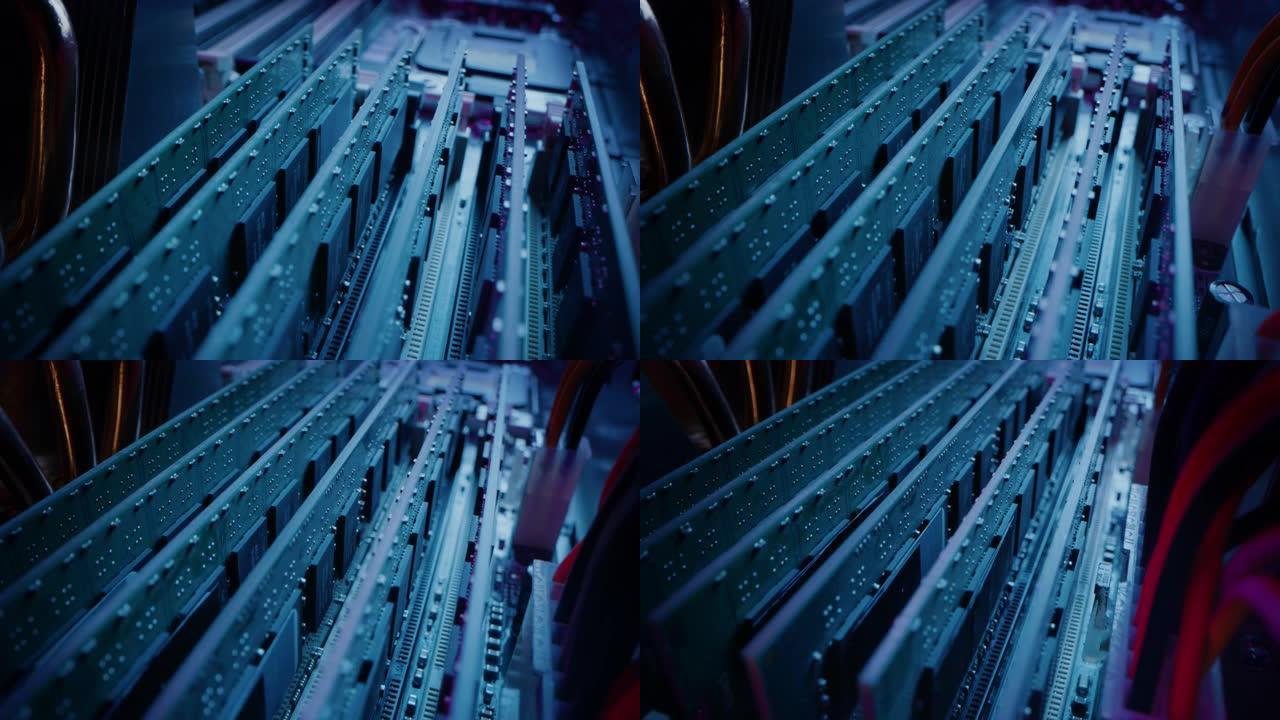 特写微距拍摄: 电脑机箱内部。相机在PCB主板上移动，显示安装有RAM内存的多个插槽和其他系统硬件。