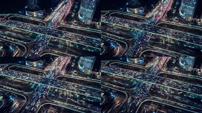 夜间/北京的天桥和城市交通的T/L TD鸟瞰图