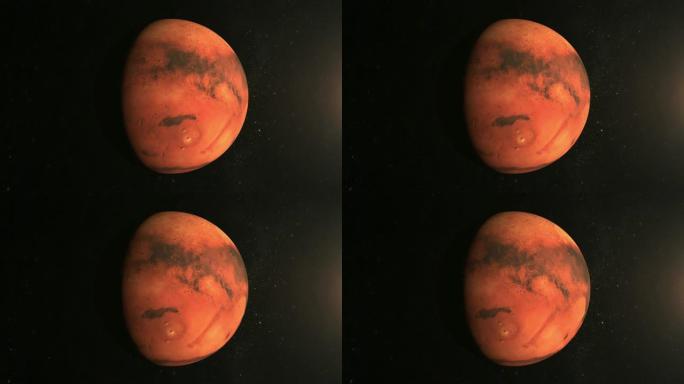 火星行星。从太空看。火星缓慢旋转。行星的大表面被太阳照亮。星星闪烁。4K.太阳在右边