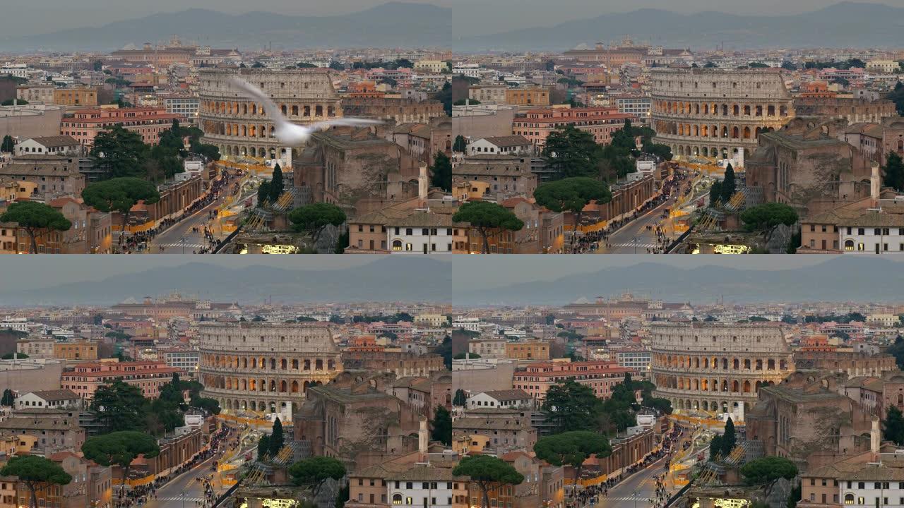 罗马竞技场的景色，从意大利罗马的Terrazza delle Quadrighe拍摄。4K