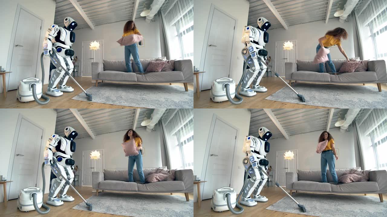 年轻女子玩枕头，而白色机器人做真空清洁。