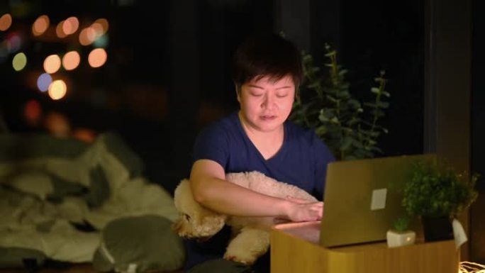 一名亚洲中国中年成年人晚上在窗户附近的公寓里用笔记本电脑上网，可以看到城市景观，玩具狮子狗宠物狗