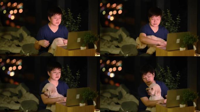 一名亚洲中国中年成年人晚上在窗户附近的公寓里用笔记本电脑上网，可以看到城市景观，玩具狮子狗宠物狗