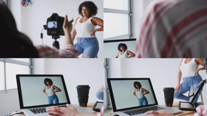 数字摄影棚中的女摄影师在束缚在笔记本电脑上的相机上拍摄图像