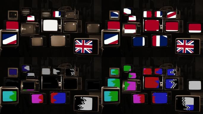 屏幕上堆放着英国国旗的复古电视。