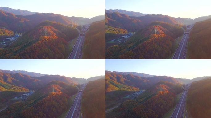 鸟瞰韩国秋季和山区的道路