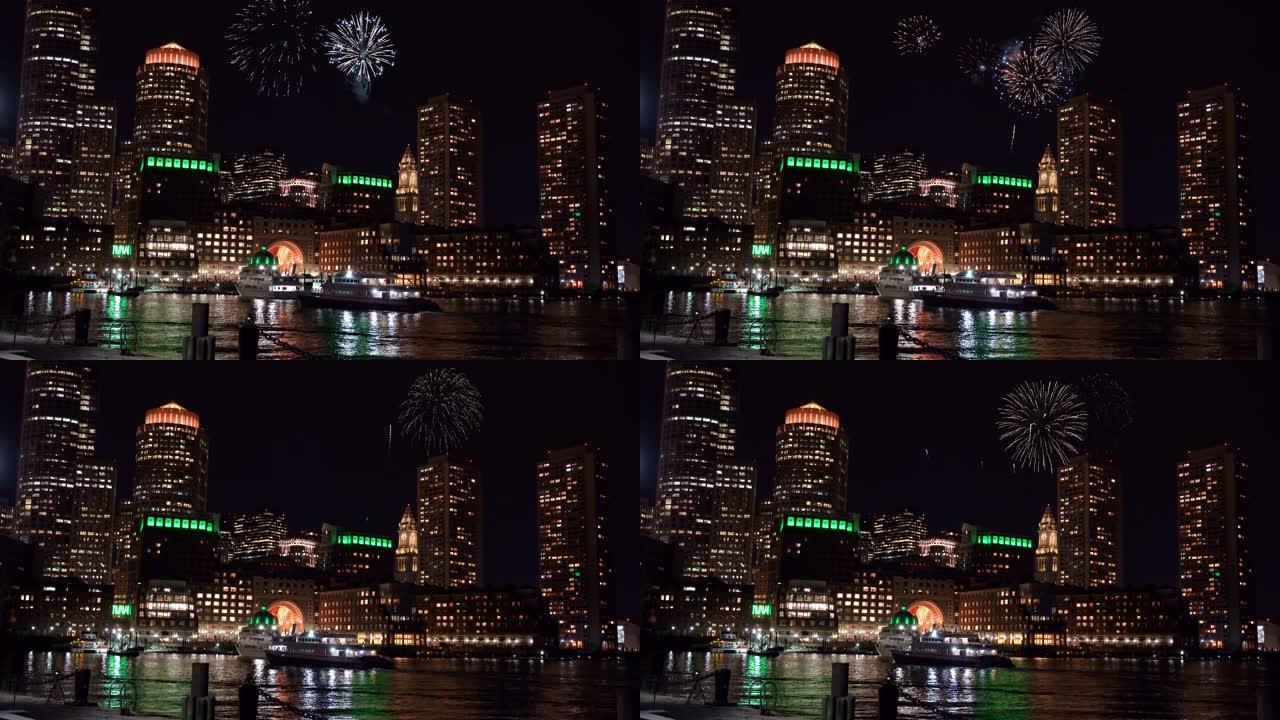 美国波士顿港城市景观上的4k镜头烟花场景，独立日概念
