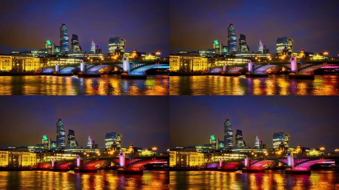 伦敦夜景。桥。泰晤士河。金融区。时间流逝。