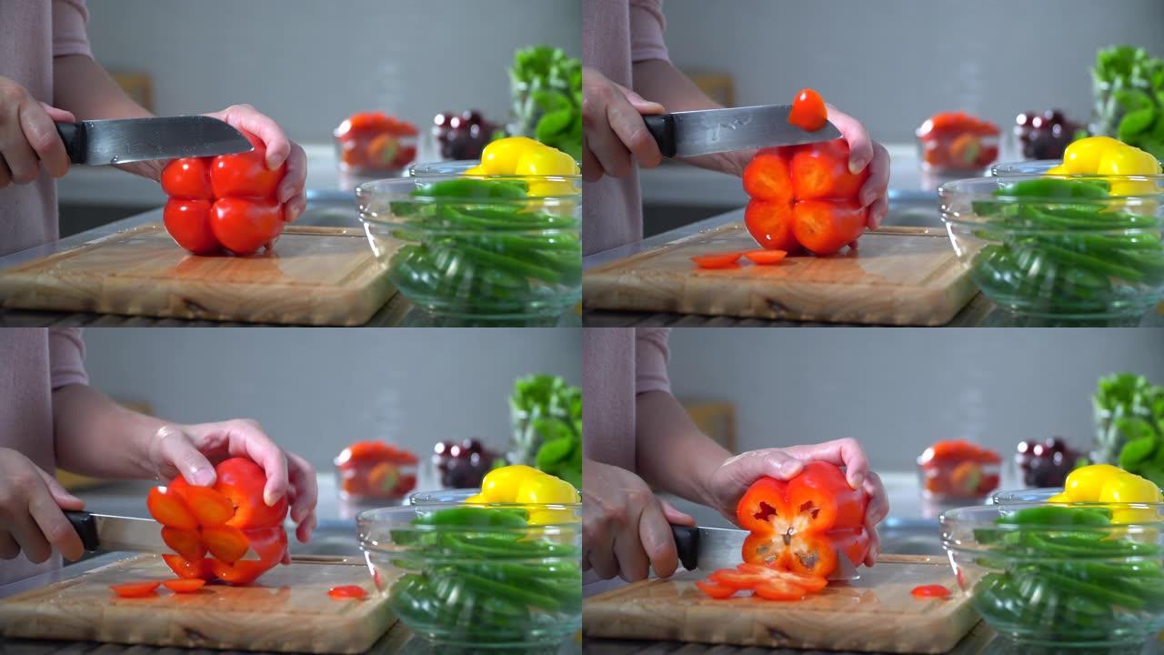 吃蔬菜的胖女人做饭辣椒红辣椒