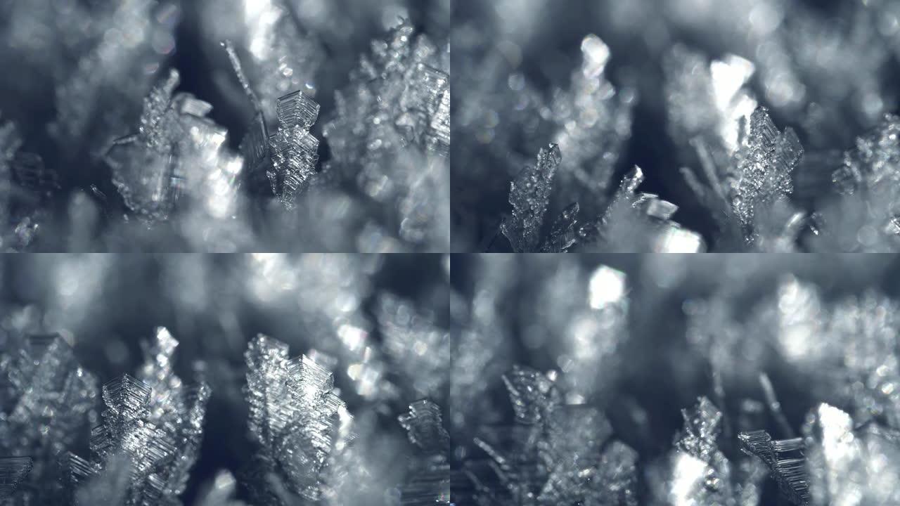 阳光下霜雪水晶的宏观拍摄。冬季概念。
