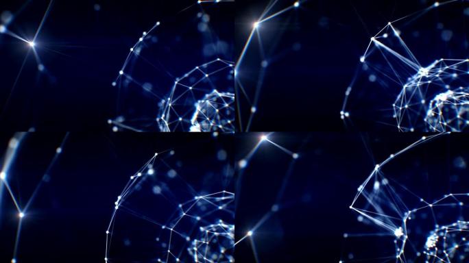 特写抽象蓝色全息图网格球体，具有耀斑和dop模糊无缝转动。未来网络技术和商业概念的循环3d动画。