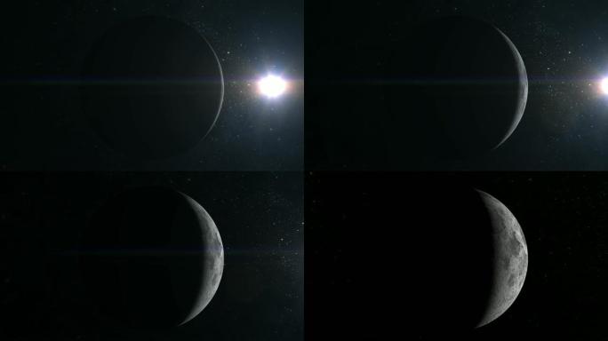 月亮。摄像机绕着月亮飞。从太空看。星星闪烁。4K.太阳在右边