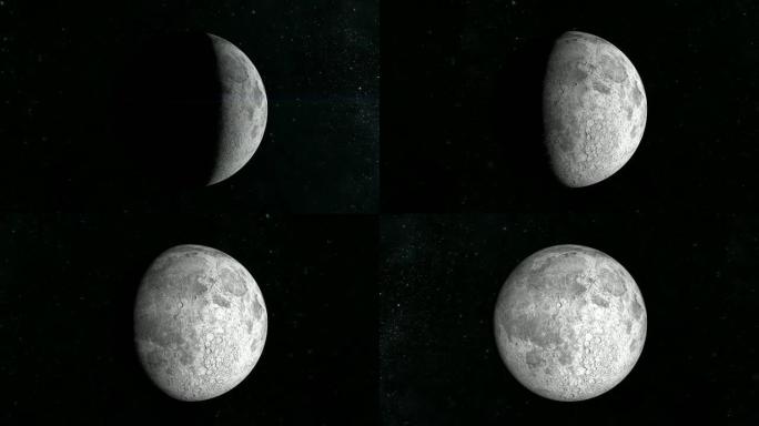 月亮。时间流逝。月亮很快通过太阳照射的整个周期。从太空看。星星闪烁。4K.太阳在右边。